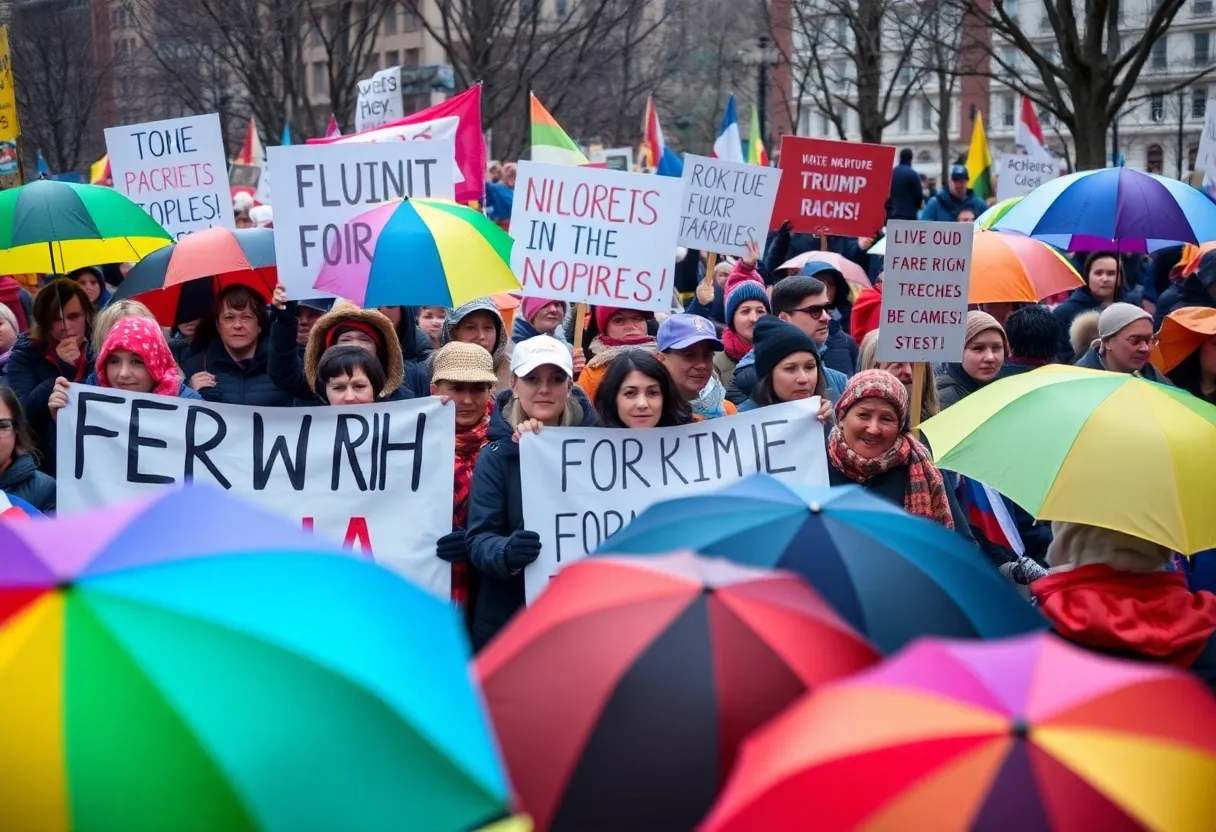 Crowd protesting against far-right ideologies with colorful umbrellas