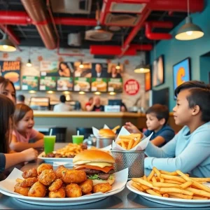 Interior view of Roul's Deli with families dining