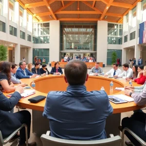 City council members engaged in meeting at Government Plaza.