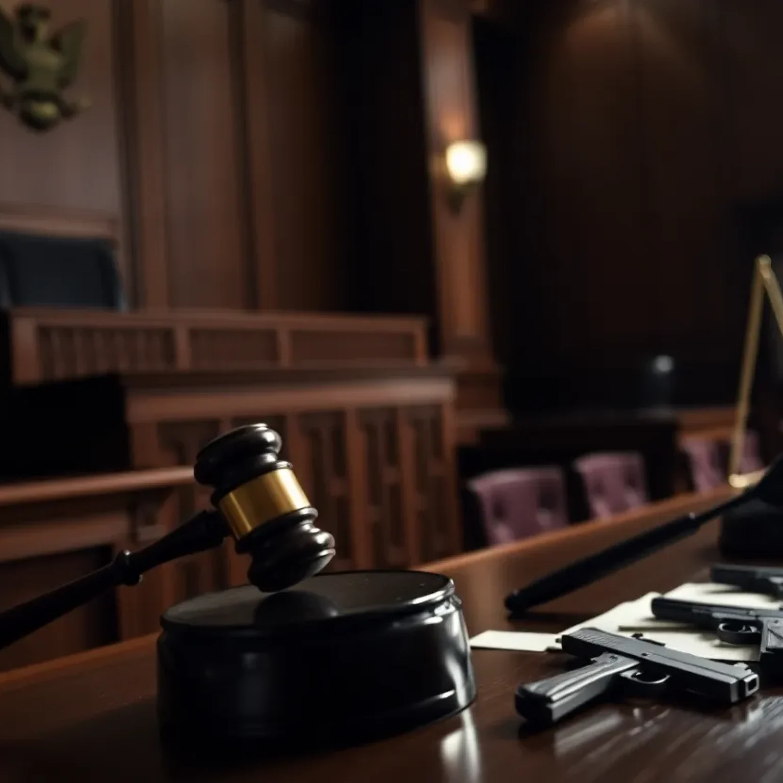 Courtroom with a jury and evidence of firearms