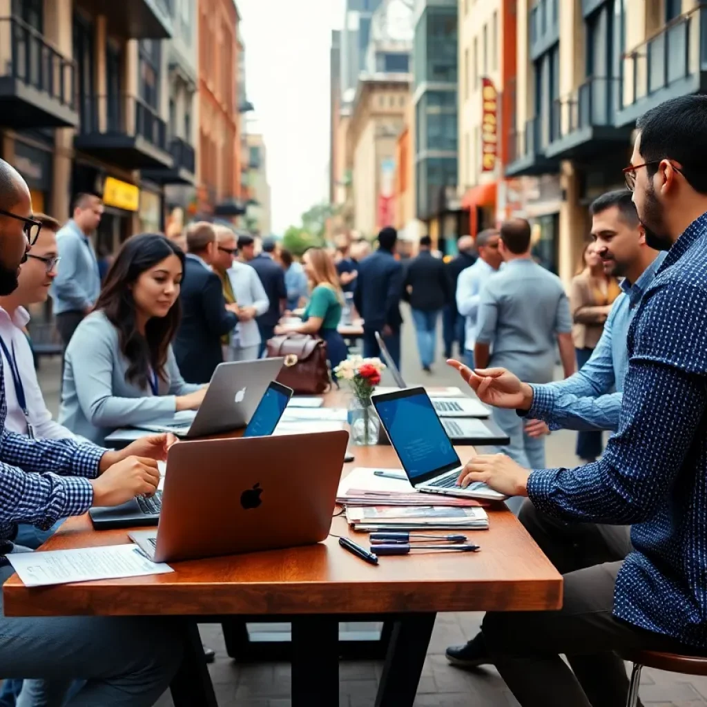 Entrepreneurs collaborating in a busy Shreveport workspace.