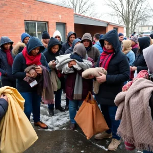 Volunteers distributing warm clothing at a Shreveport shelter