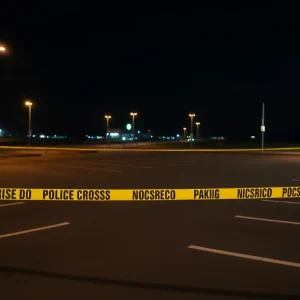 Police tape in an empty parking lot indicating a homicide scene in Shreveport.