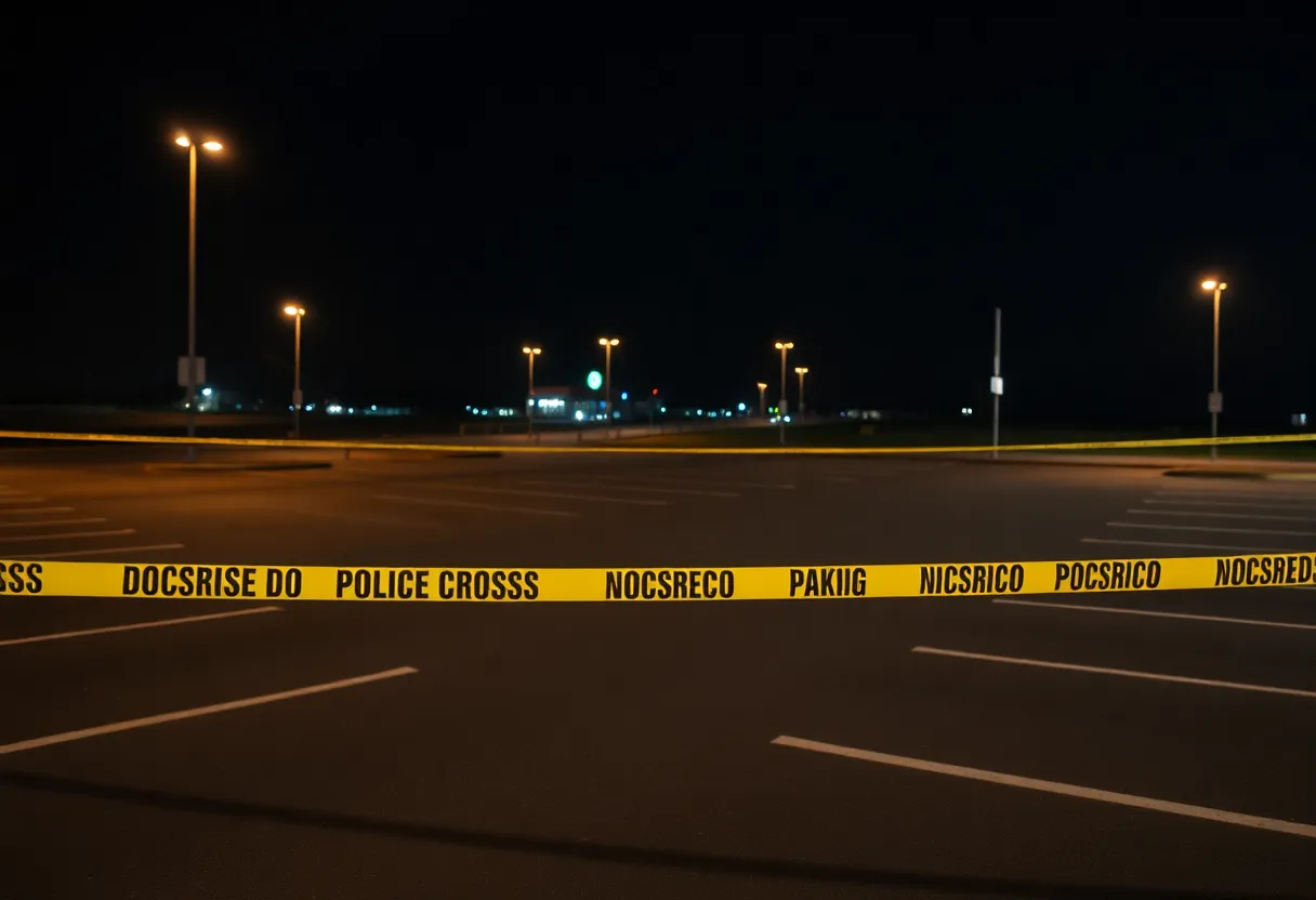 Police tape in an empty parking lot indicating a homicide scene in Shreveport.