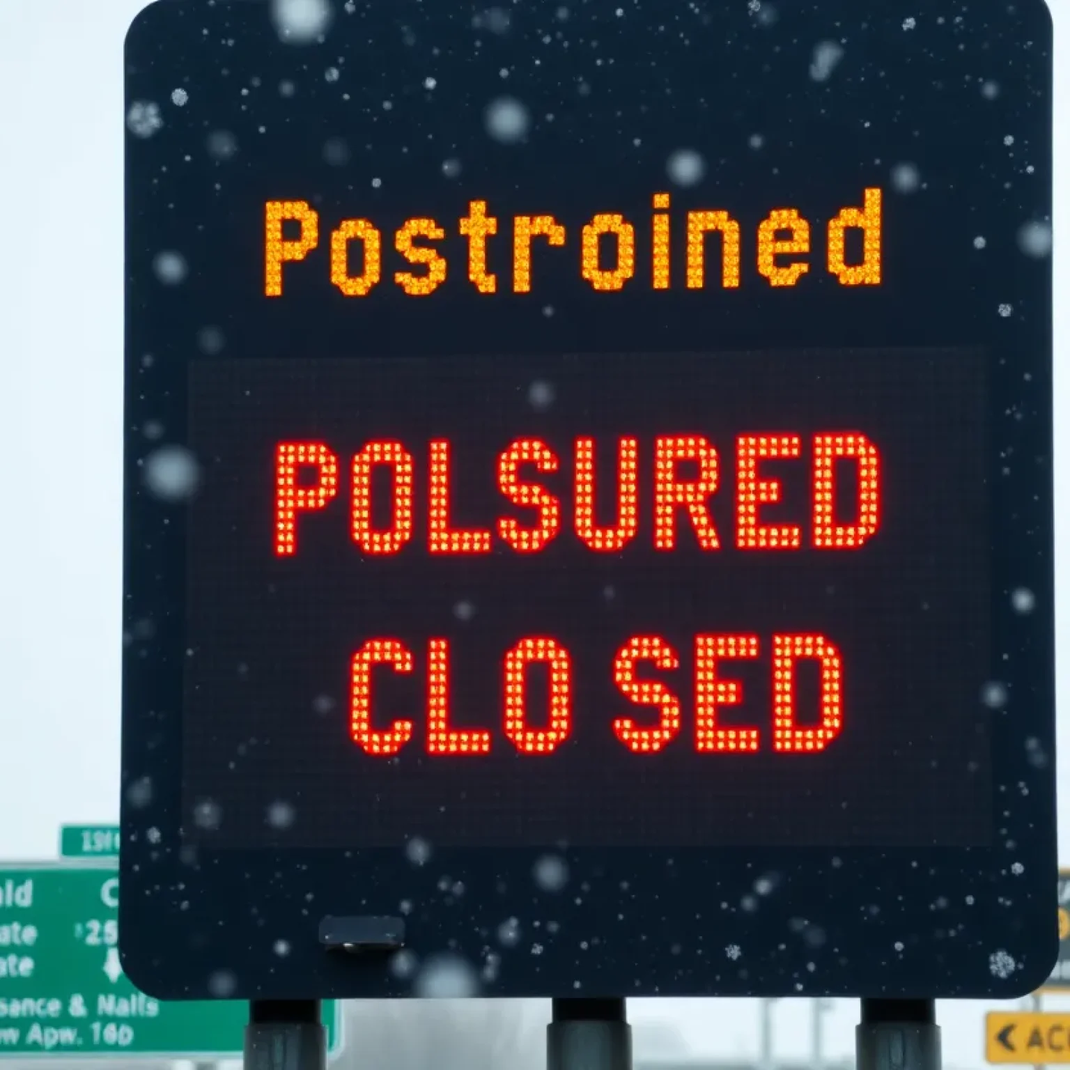 Road closure sign on I-49 in Shreveport with winter elements.