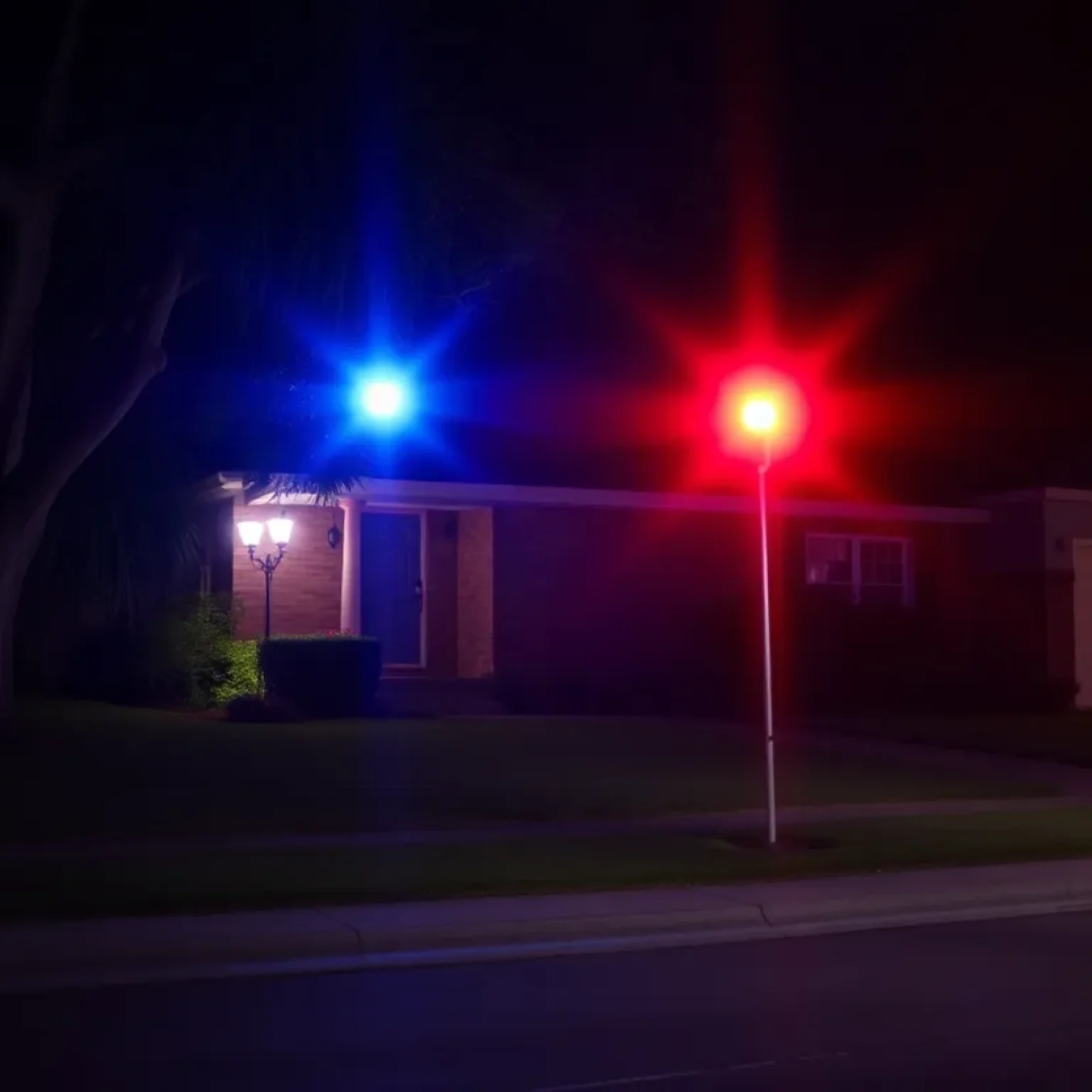 Police lights at night outside a residential neighborhood in Shreveport