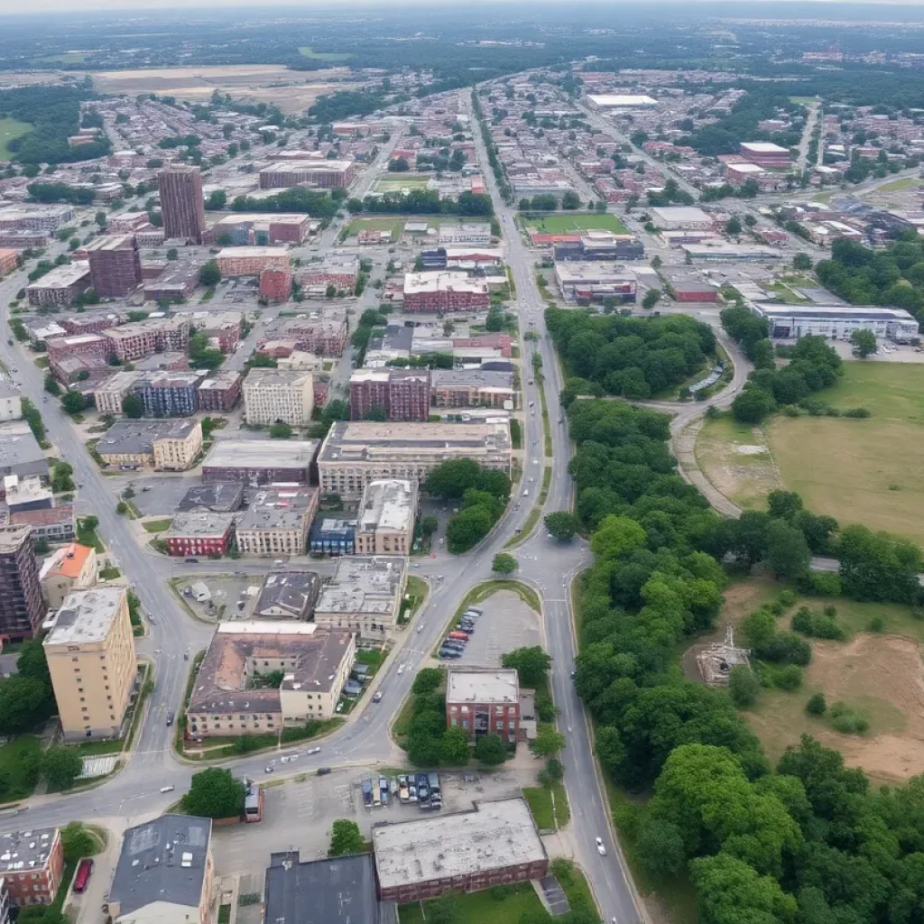 Aerial view of Shreveport, Louisiana illustrating population decline.