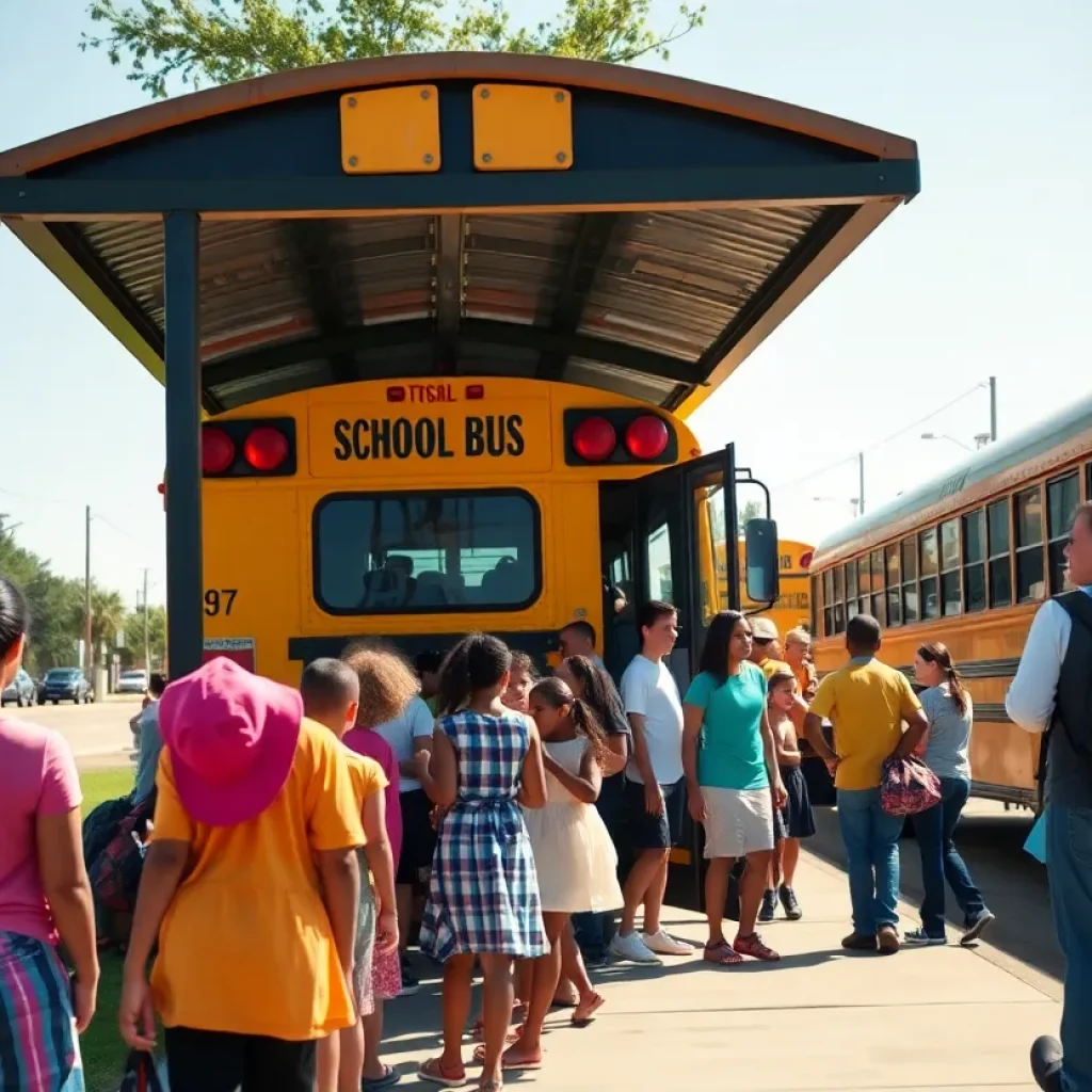 Children waiting at a school bus stop in Shreveport.