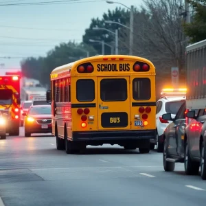 School bus involved in an accident with emergency vehicles.