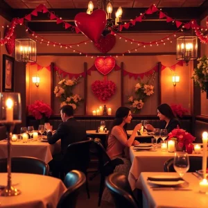 Couples dining in a romantic restaurant for Valentine's Day.