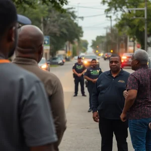 Street scene in Shreveport with residents discussing safety.