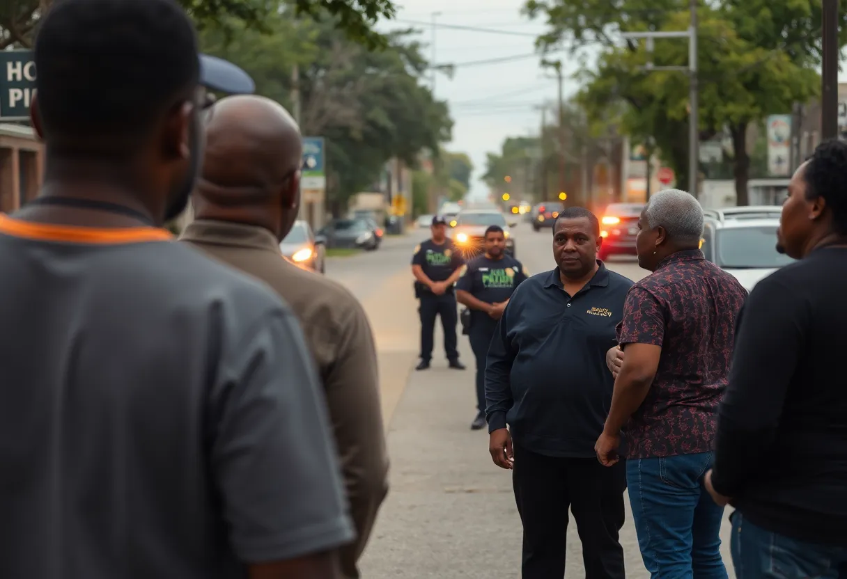 Street scene in Shreveport with residents discussing safety.