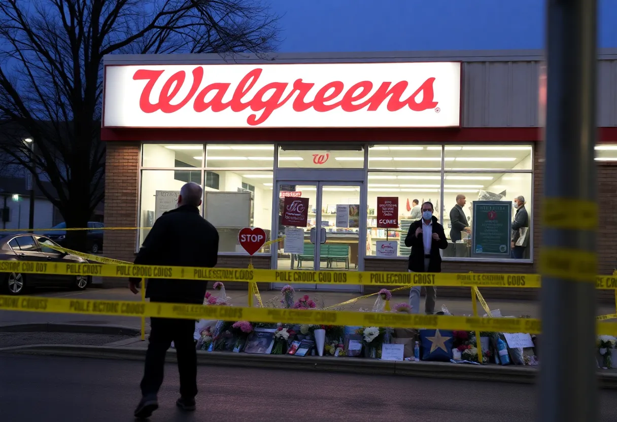 Memorial outside Walgreens store in Shreveport following robbery incident.