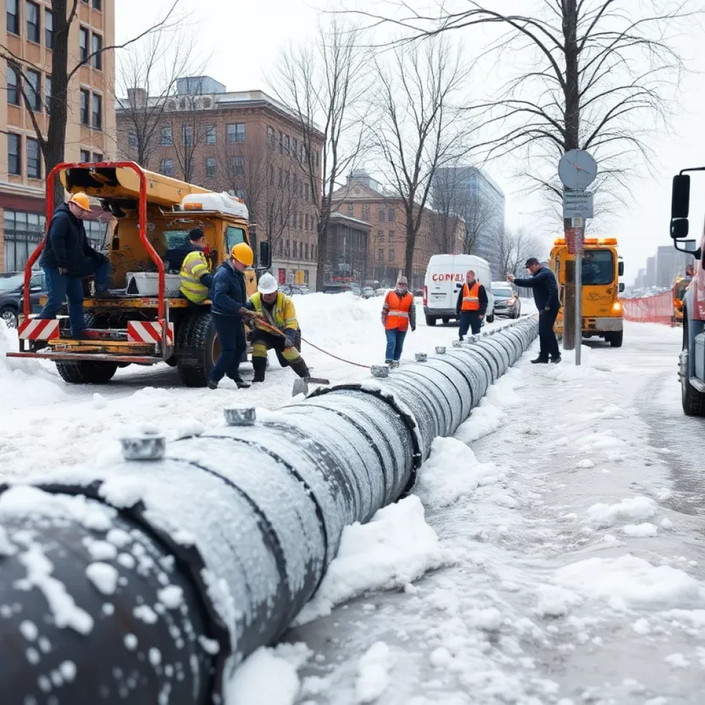 Repair crews working on a water main break in Shreveport during winter.