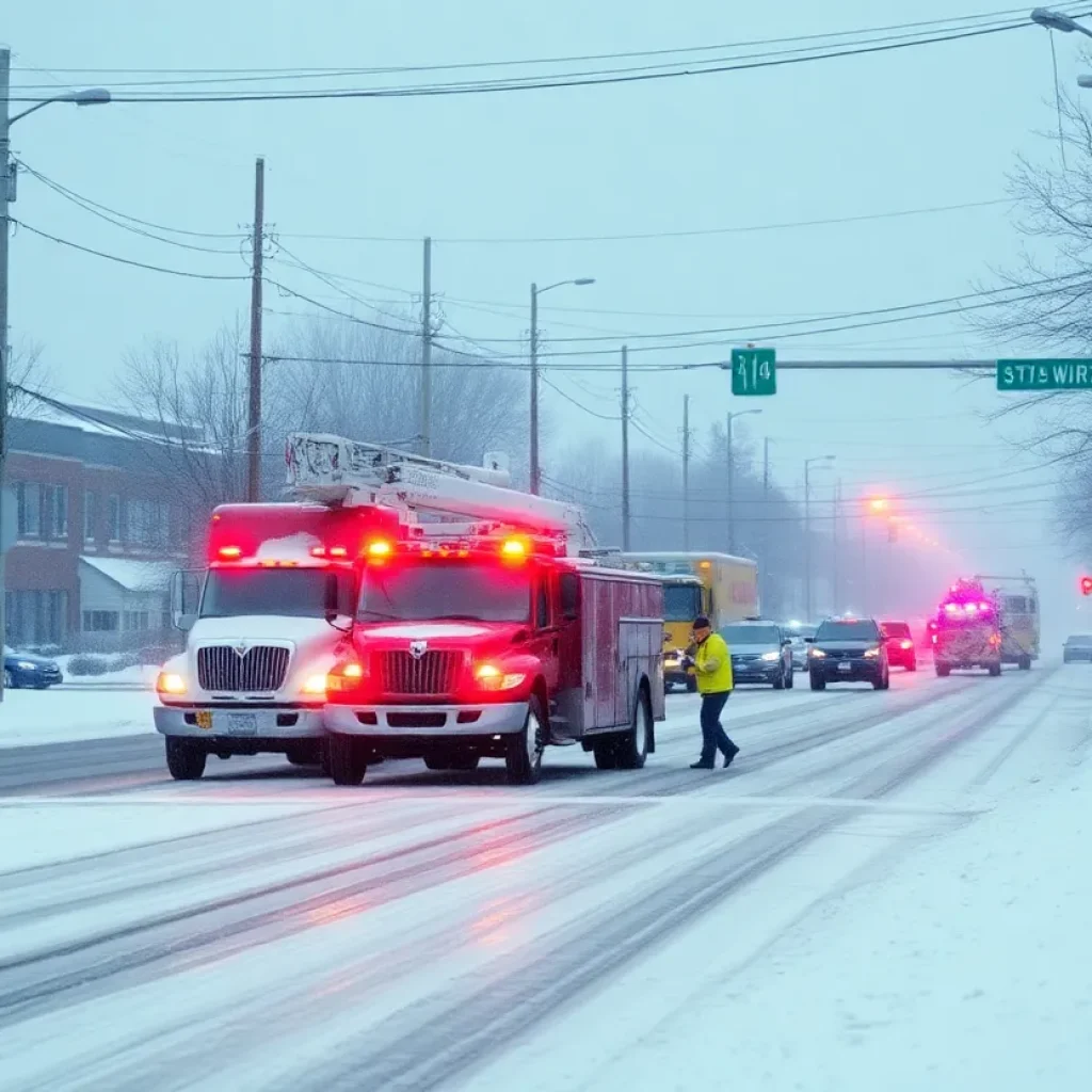 Winter storm preparations in Shreveport, showcasing snowy streets and utility crews ready for action.