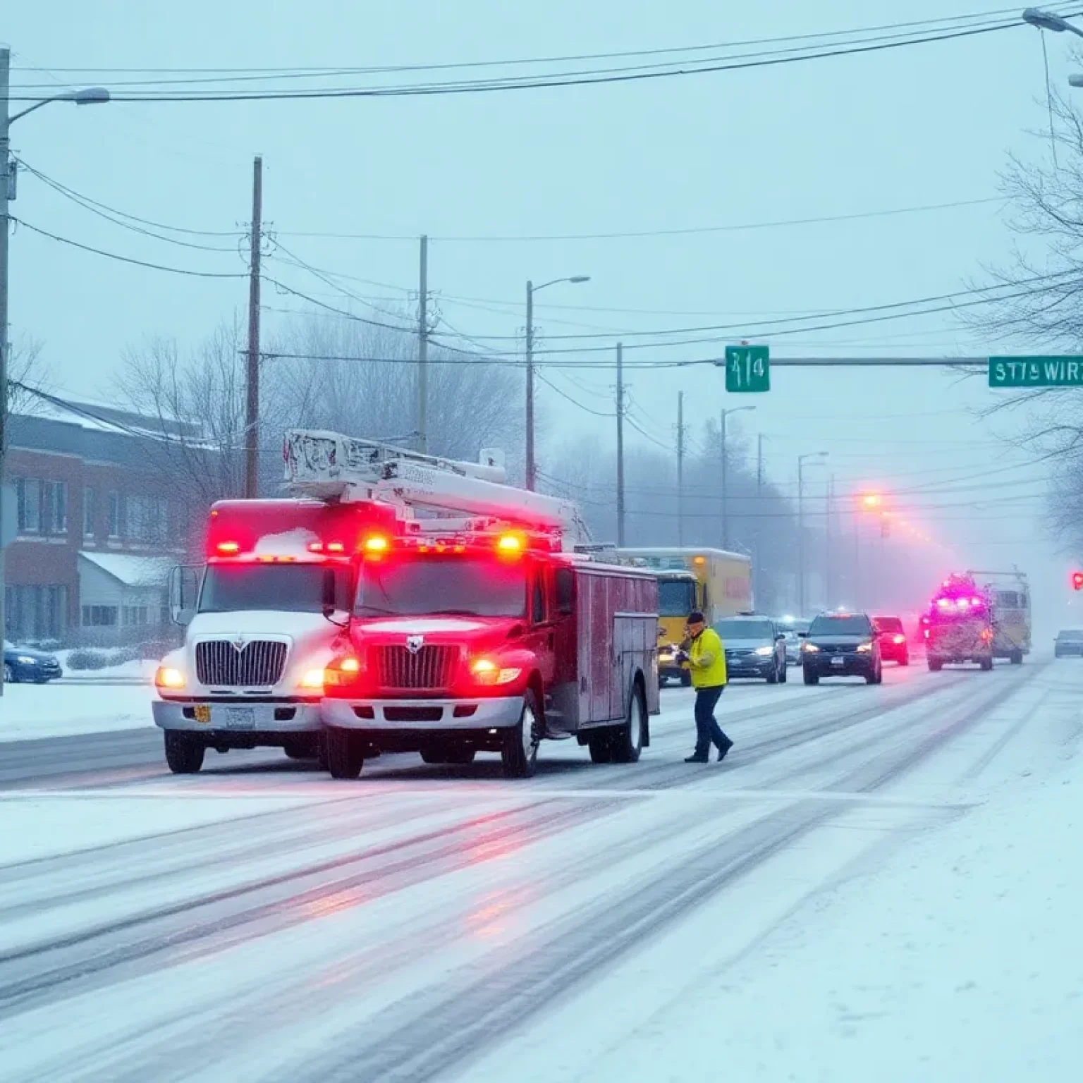 Winter storm preparations in Shreveport, showcasing snowy streets and utility crews ready for action.