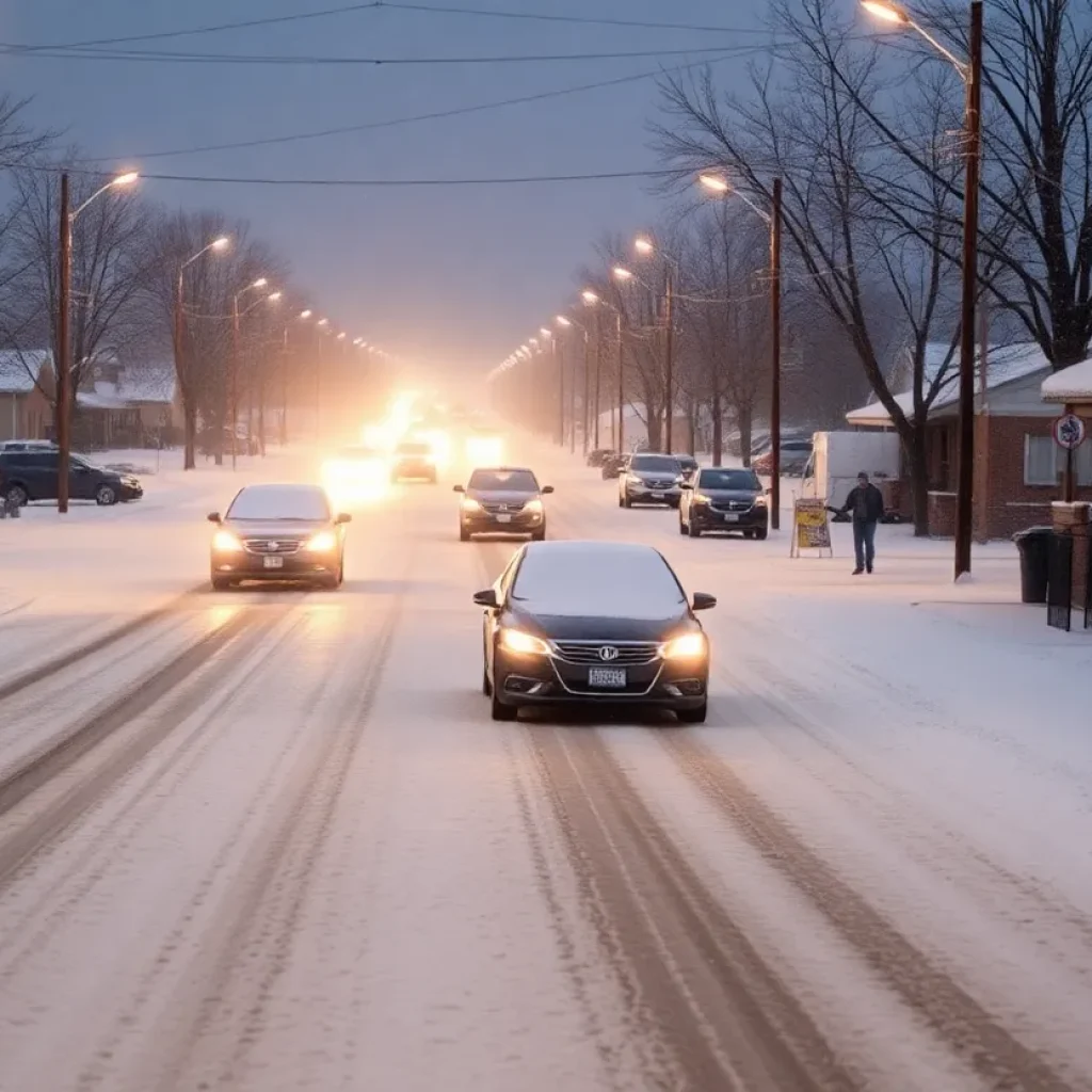 Streets of Shreveport covered in snow during winter storm preparations