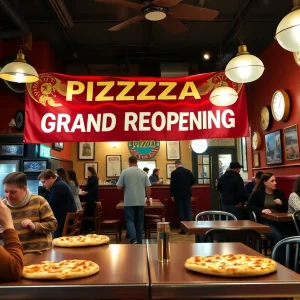 Crowd enjoying pizza at Smitty's Pizza grand reopening