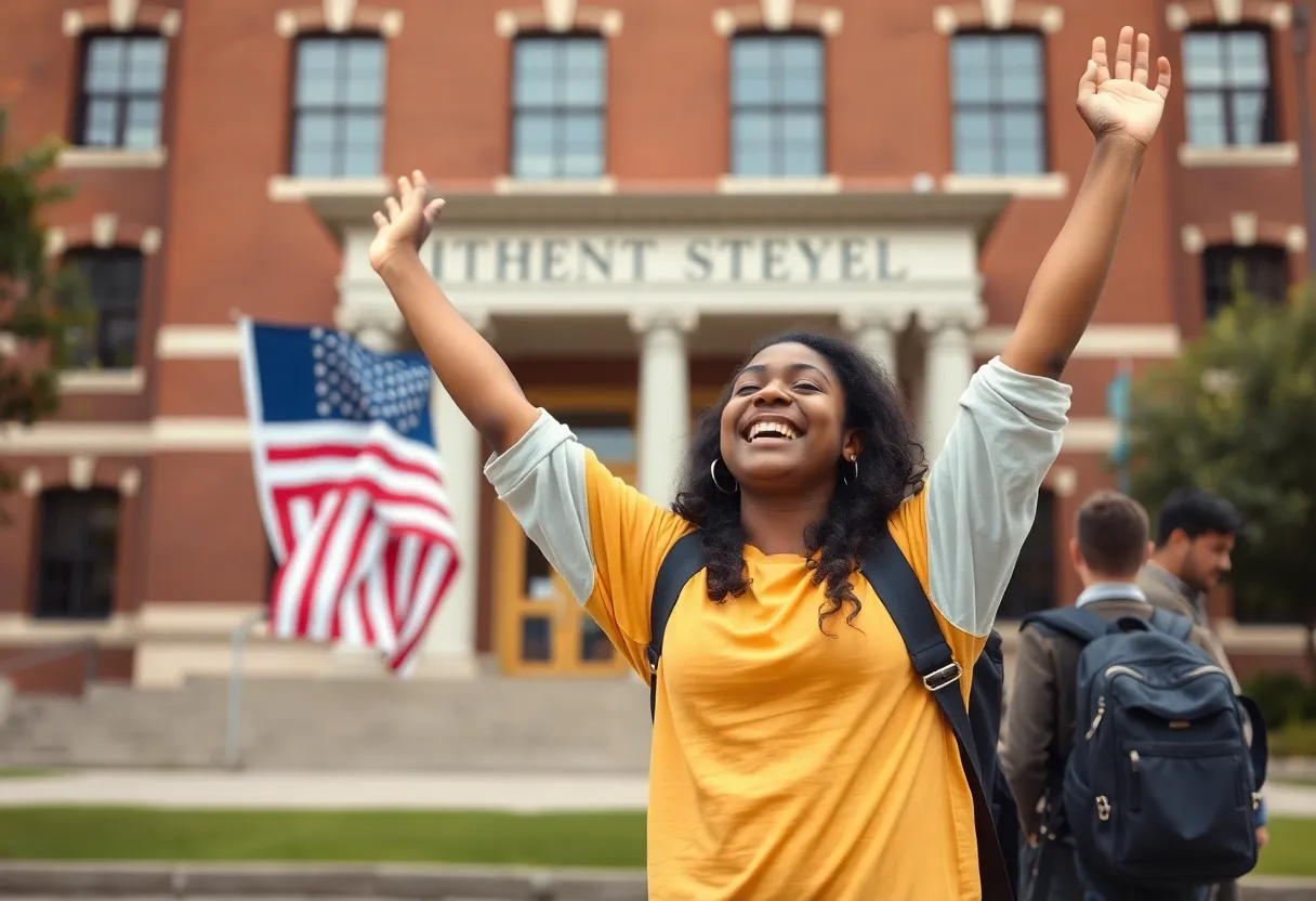 A college student celebrating a victory for free speech rights in front of a university.