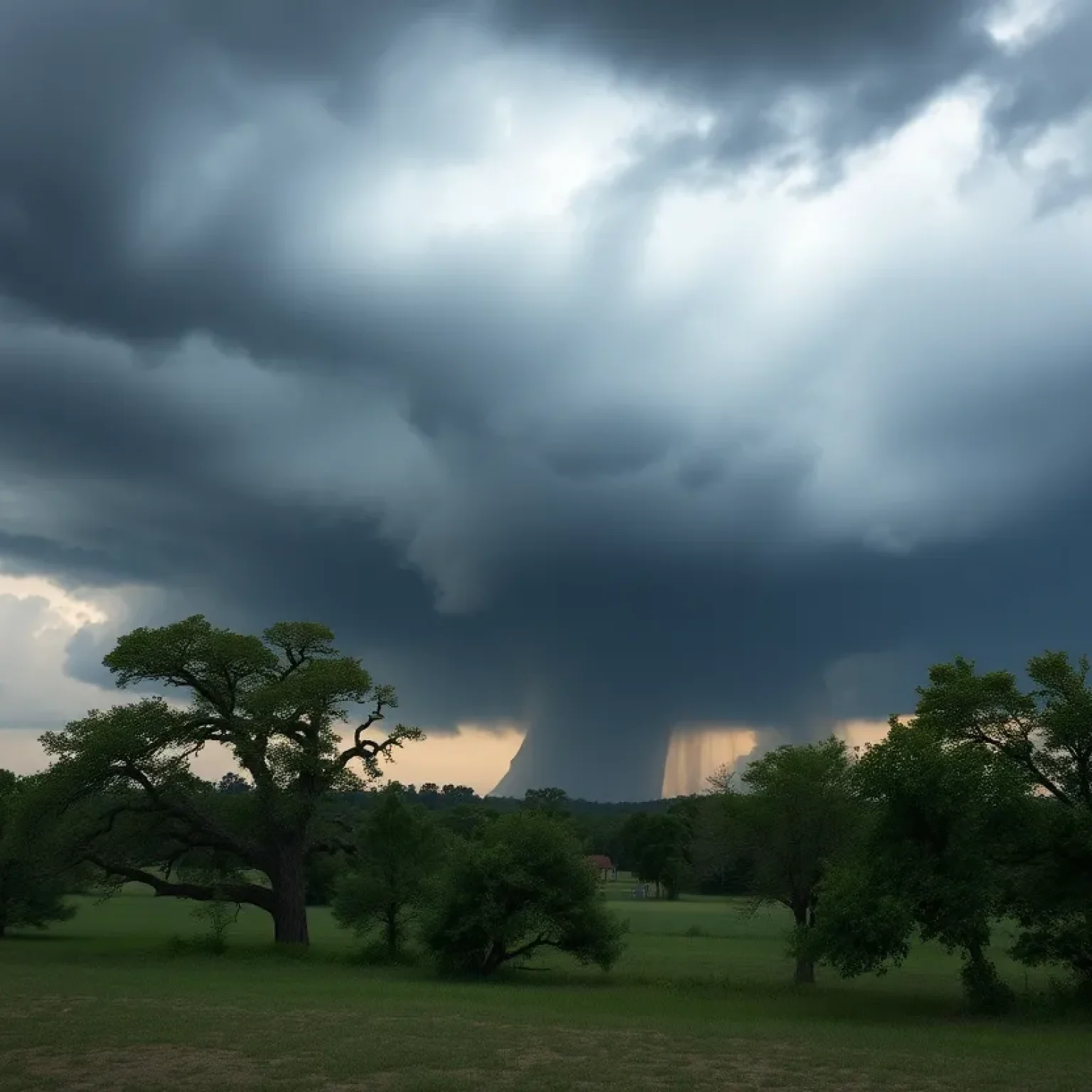 Dark storm clouds over a Louisiana landscape signaling a tornado watch