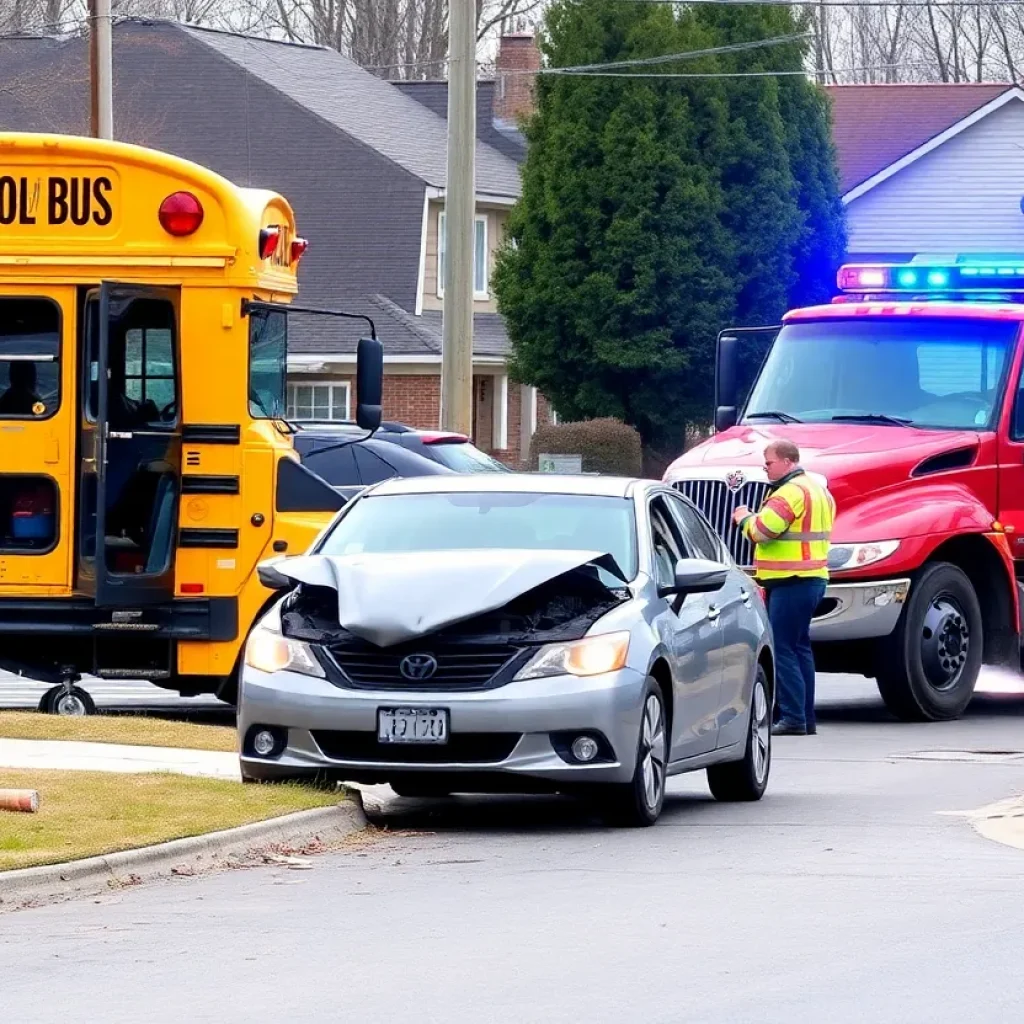 Scene of a tow truck crash involving a school bus, emergency responders on-site.