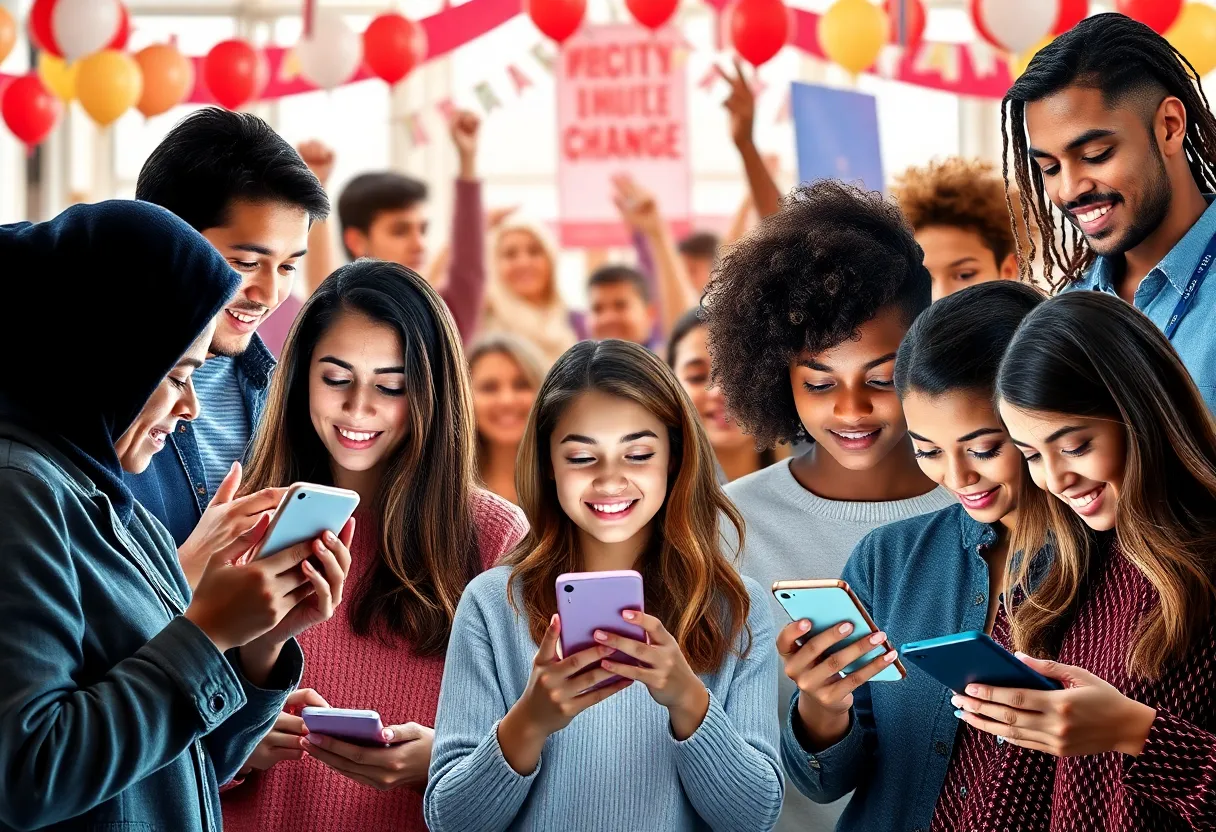 Diverse group of young individuals celebrating the delay of the TikTok ban with smartphones.