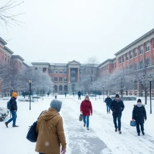 University of Louisiana at Lafayette campus covered in snow during a cold weather alert