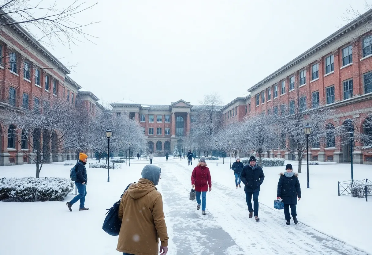 University of Louisiana at Lafayette campus covered in snow during a cold weather alert