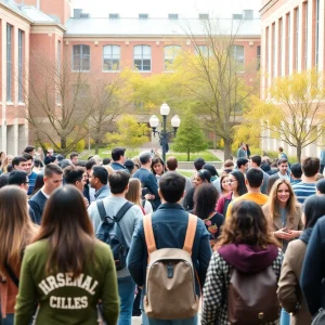 Students on university campus discussing academic freedom