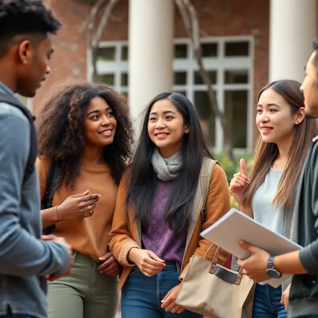 University students engaged in a discussion about community safety.