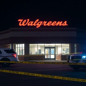 Police vehicles at the scene of a shooting outside a Walgreens in Shreveport.