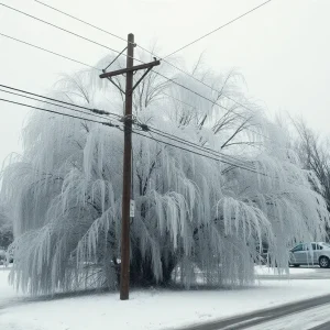 Ice-covered trees and downed power lines after Winter Storm Cora