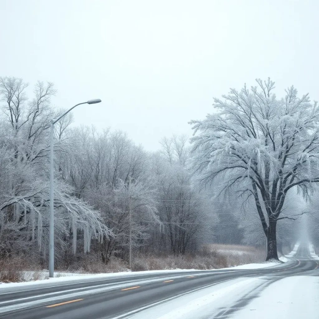 Winter storm covering a Louisiana landscape with ice and snow