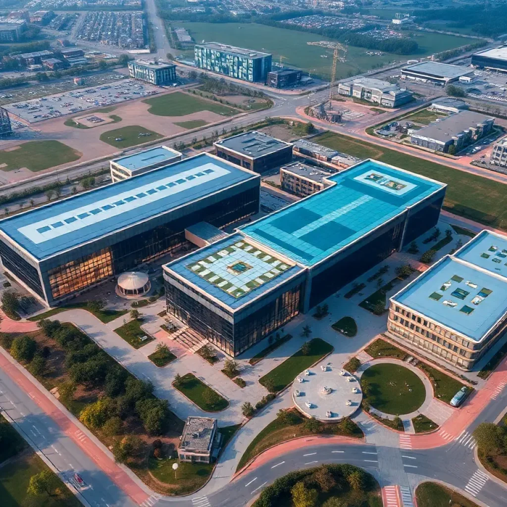 Aerial view of the Cyber Innovation Center in Bossier City, showcasing technology buildings and green spaces.