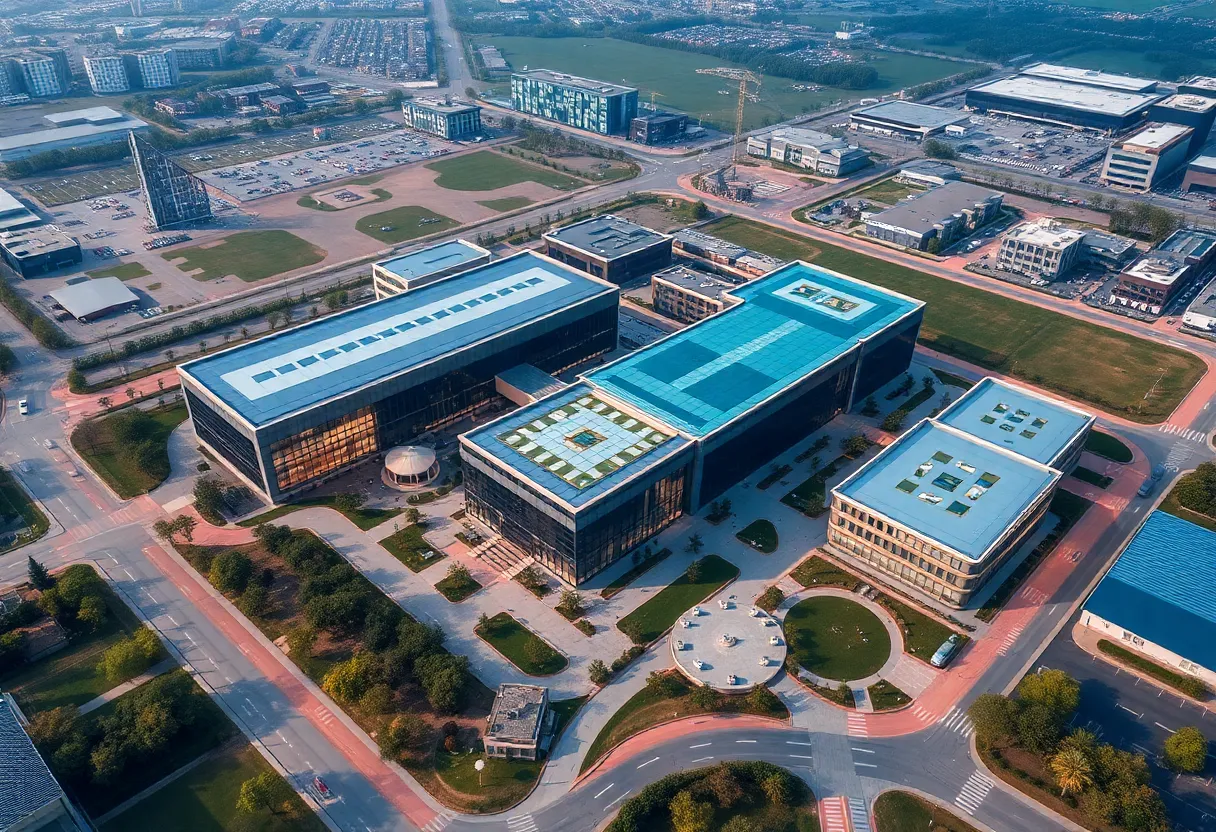 Aerial view of the Cyber Innovation Center in Bossier City, showcasing technology buildings and green spaces.