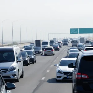 Crowded highway showing various vehicles under a smoggy sky