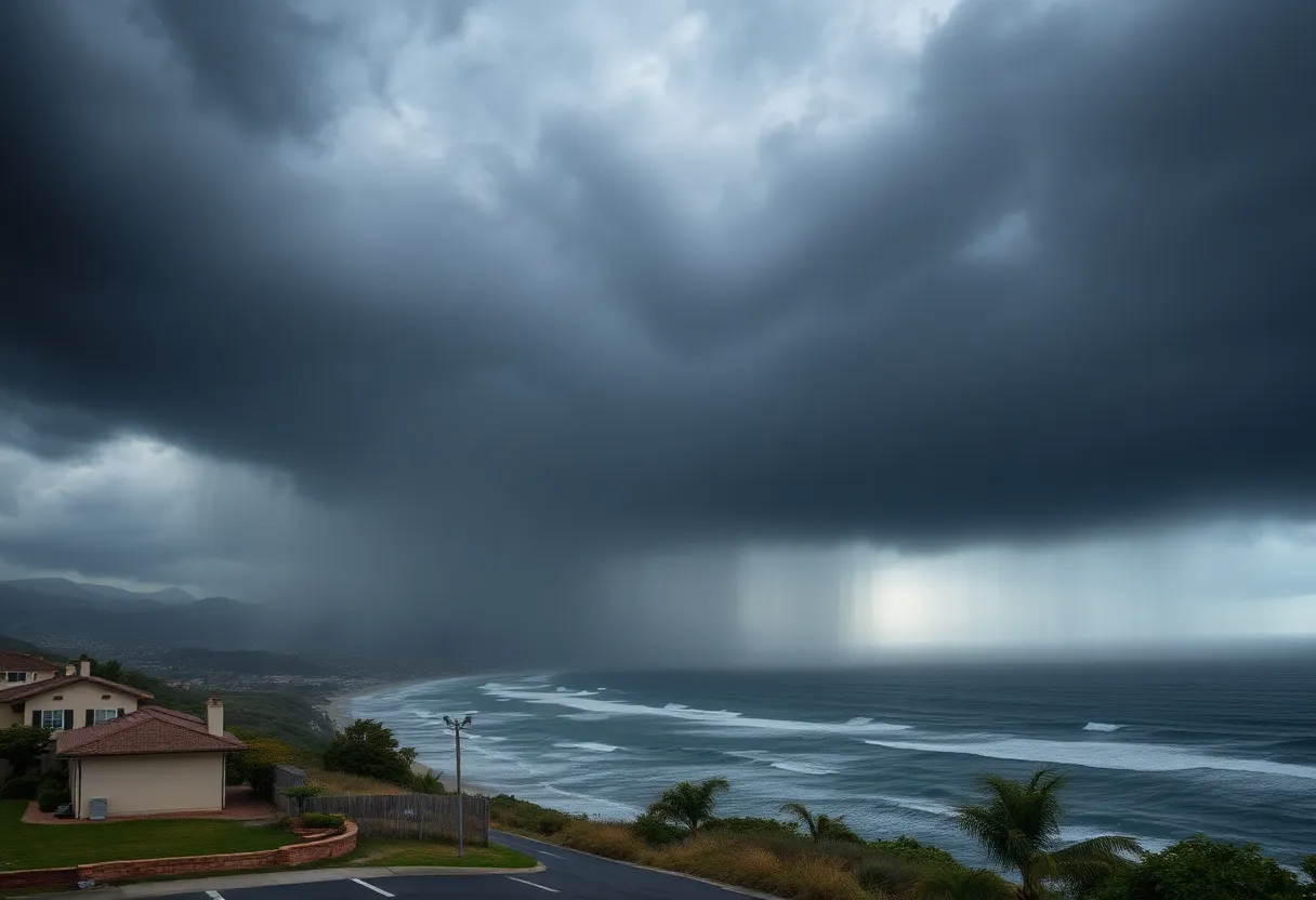 Dark clouds gather over California indicating an approaching rainstorm