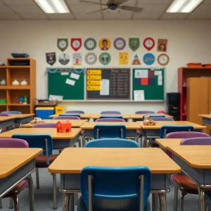 Empty classroom highlighting safety issues in a school setting