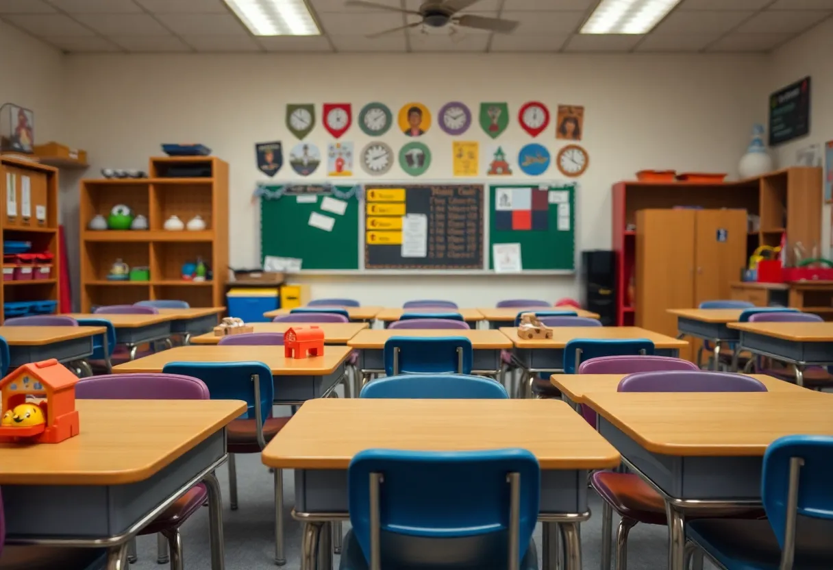 Empty classroom highlighting safety issues in a school setting