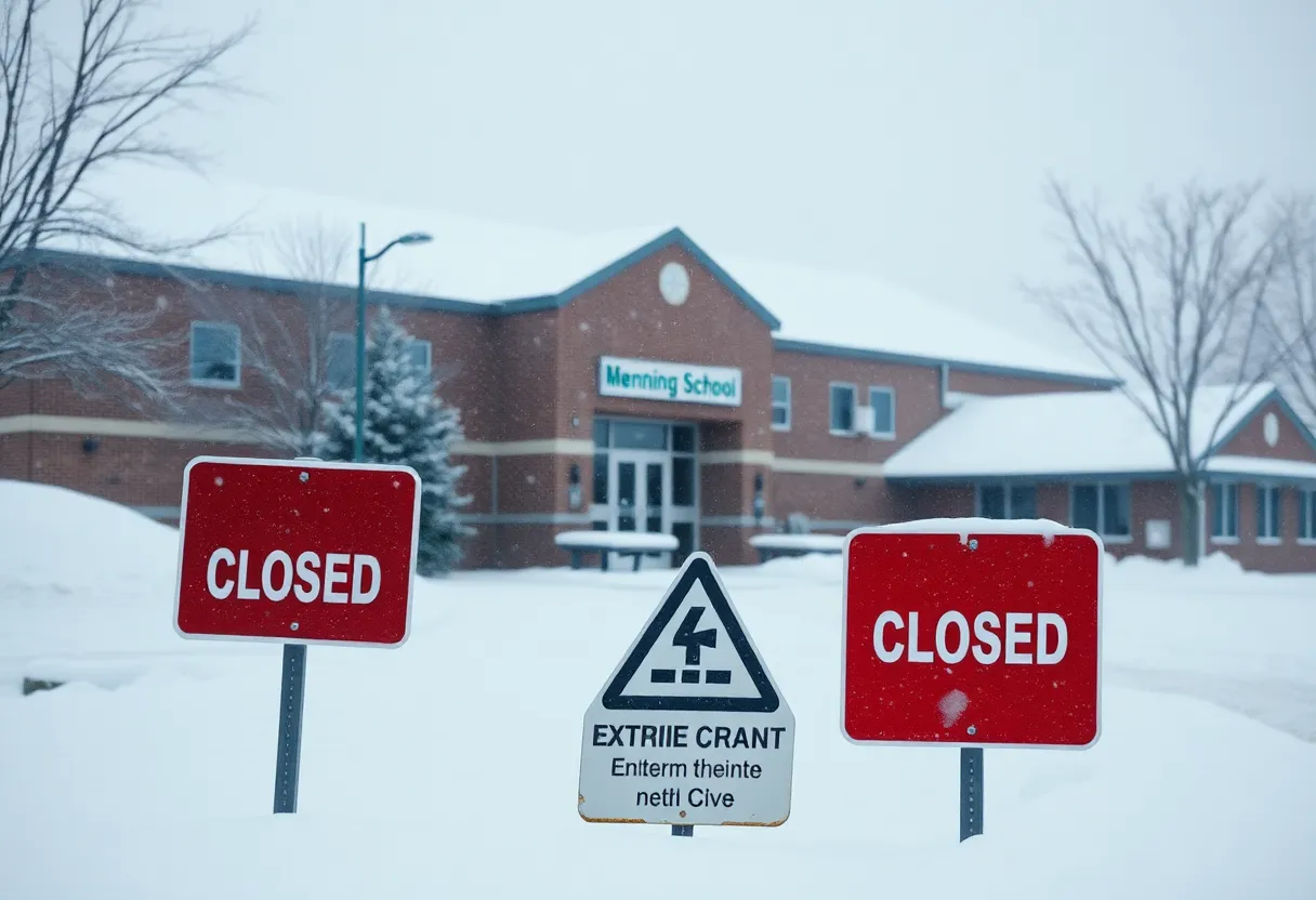 A closed school surrounded by snow in Minnesota's extreme cold weather.