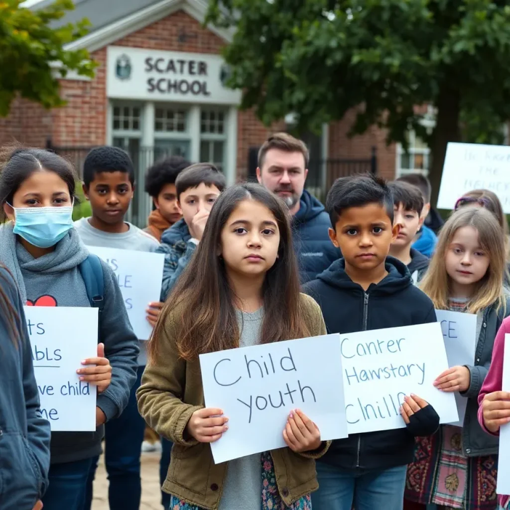 Community members advocating for child safety outside a school