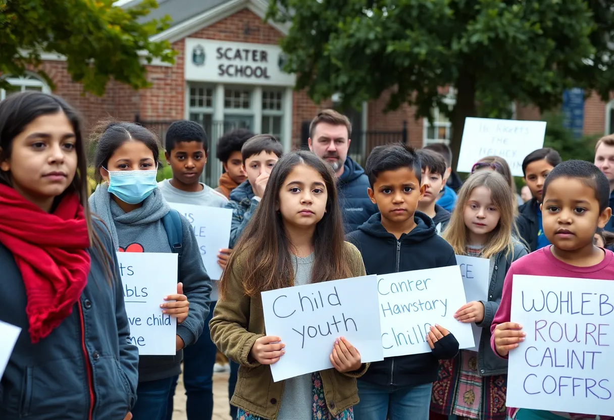 Community members advocating for child safety outside a school