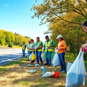 Volunteers participating in a community clean-up along a highway