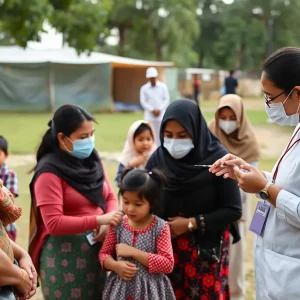 Families participating in a community vaccination clinic against measles.