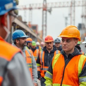 A construction site showcasing safety measures and workers in action.