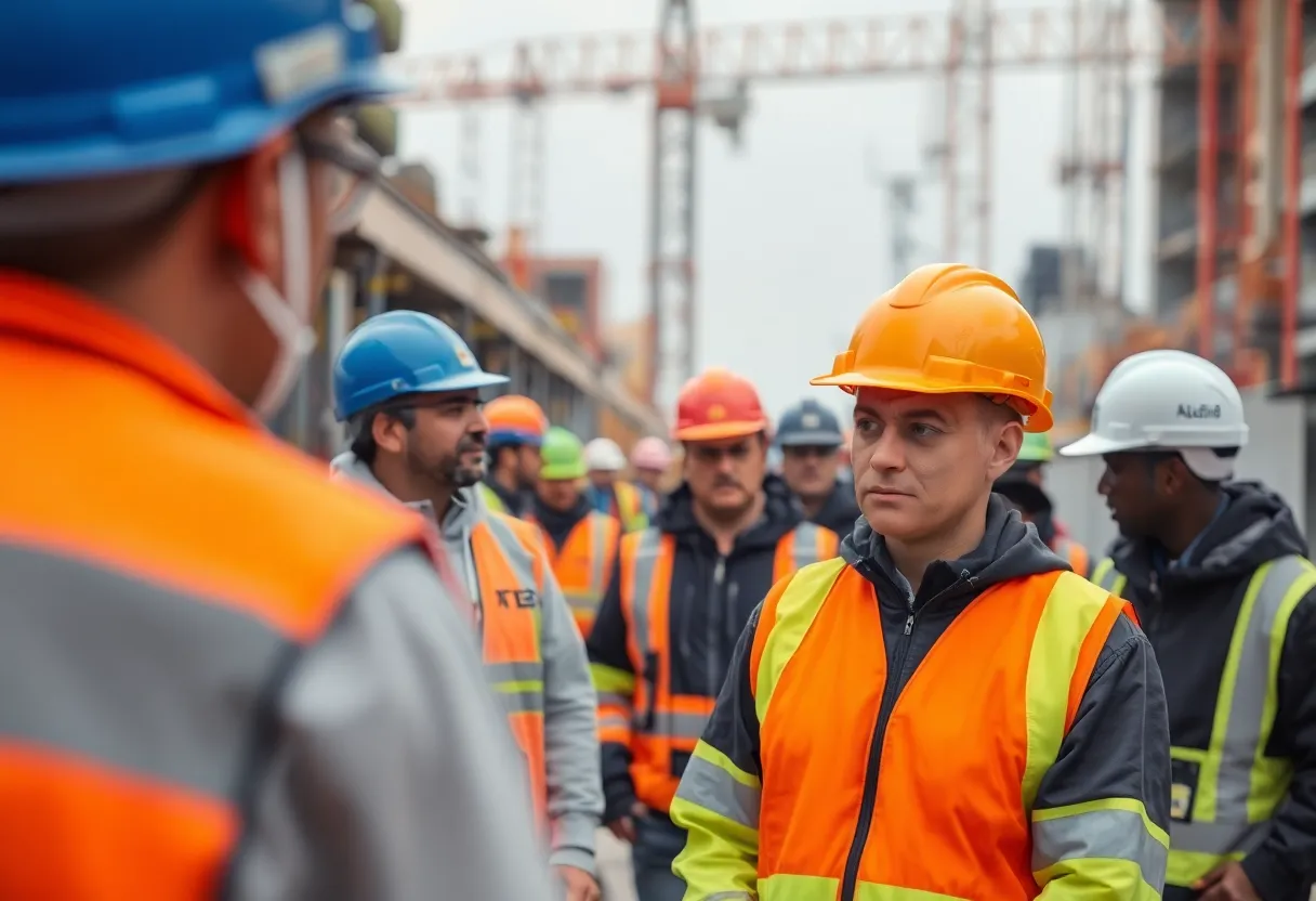 A construction site showcasing safety measures and workers in action.