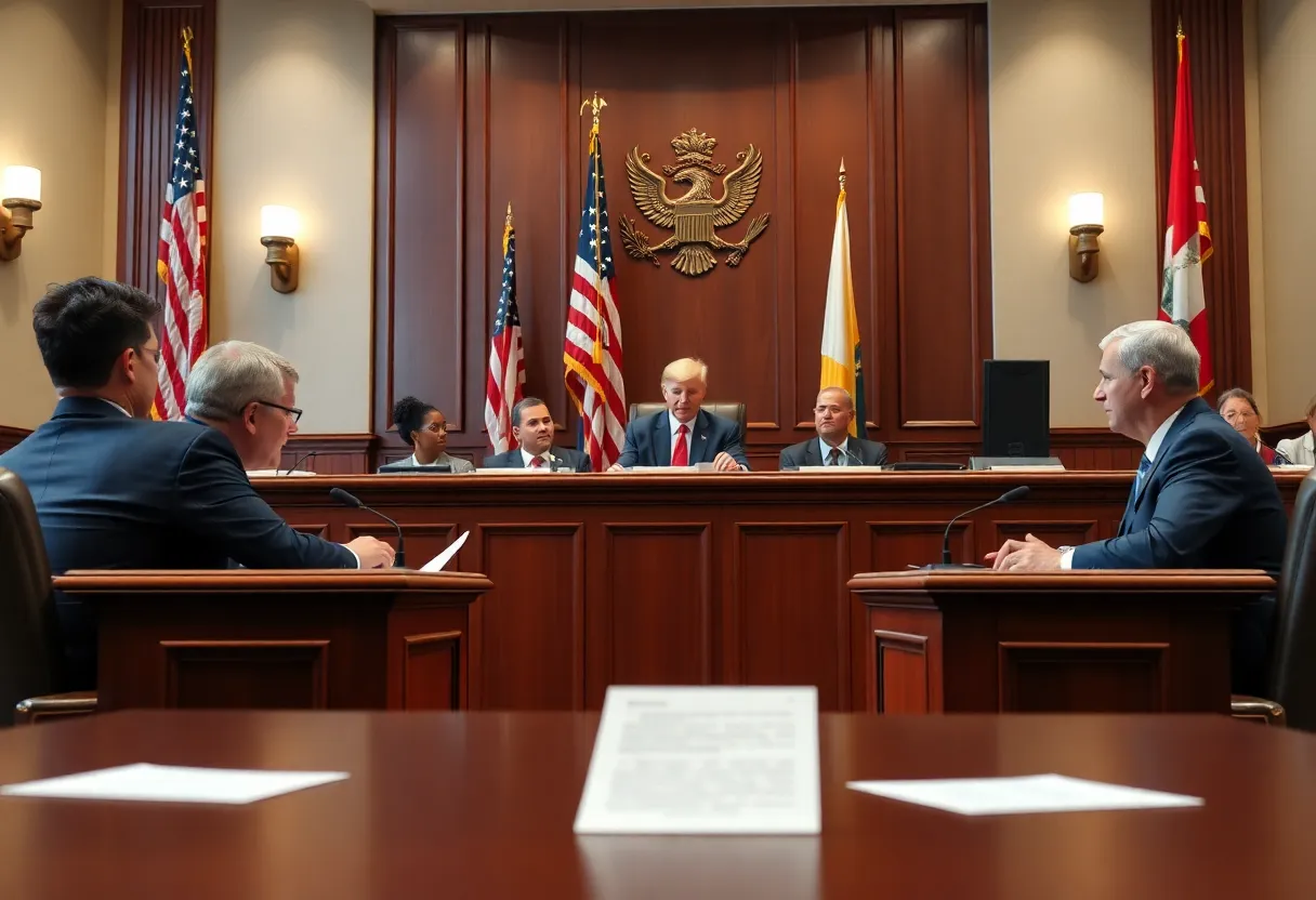 Judges discussing government policy in a courtroom