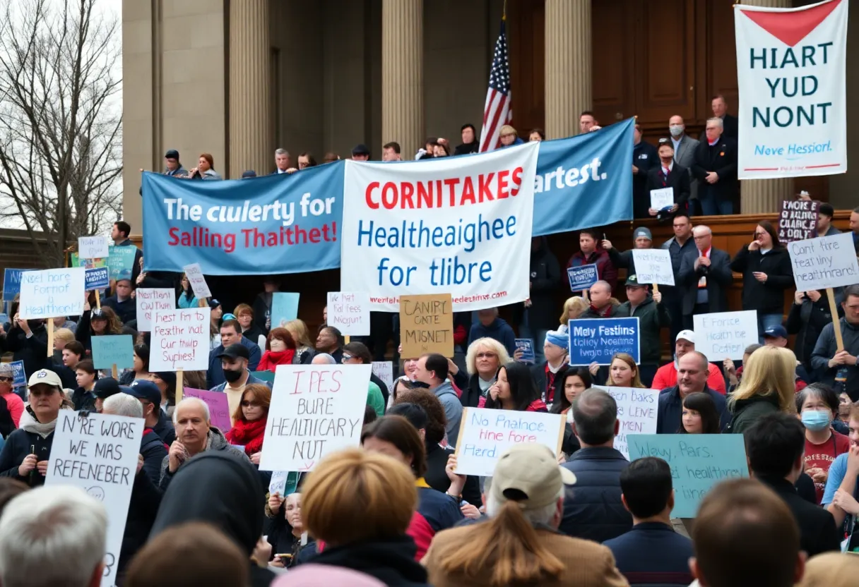 Courtroom with supporters and protesters advocating for healthcare rights.