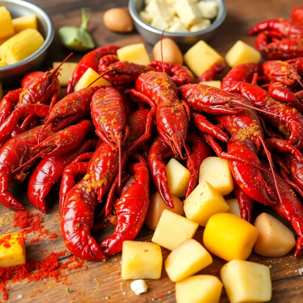 A spread of boiled crawfish with corn and potatoes on a wooden table