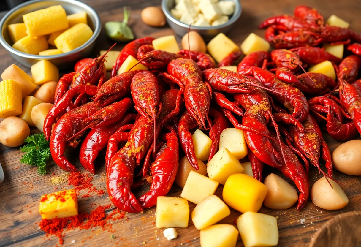 A spread of boiled crawfish with corn and potatoes on a wooden table